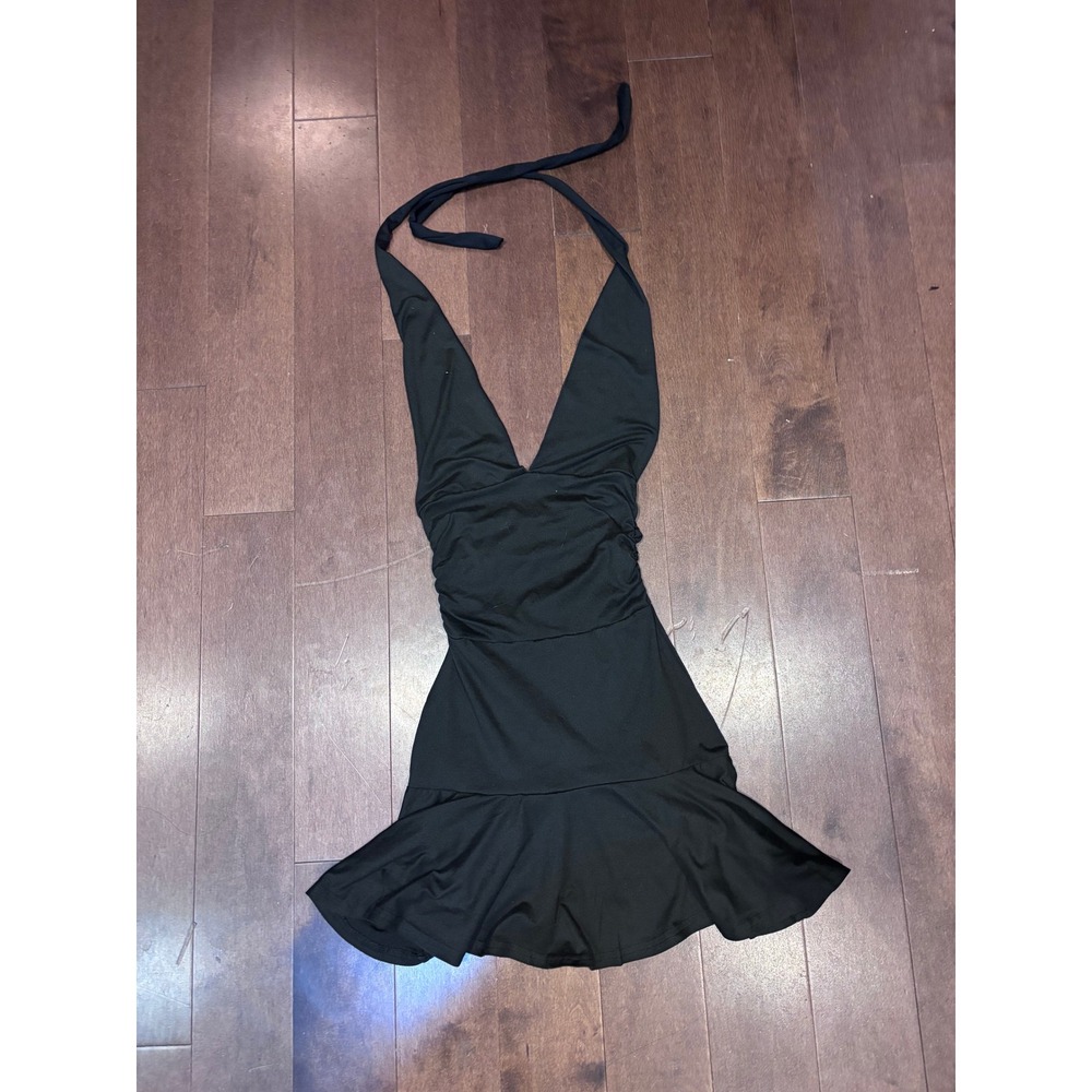 Black Halter Mini Dress Ruched V-Neck Backless Ruffle Hem Cocktail Party Dress